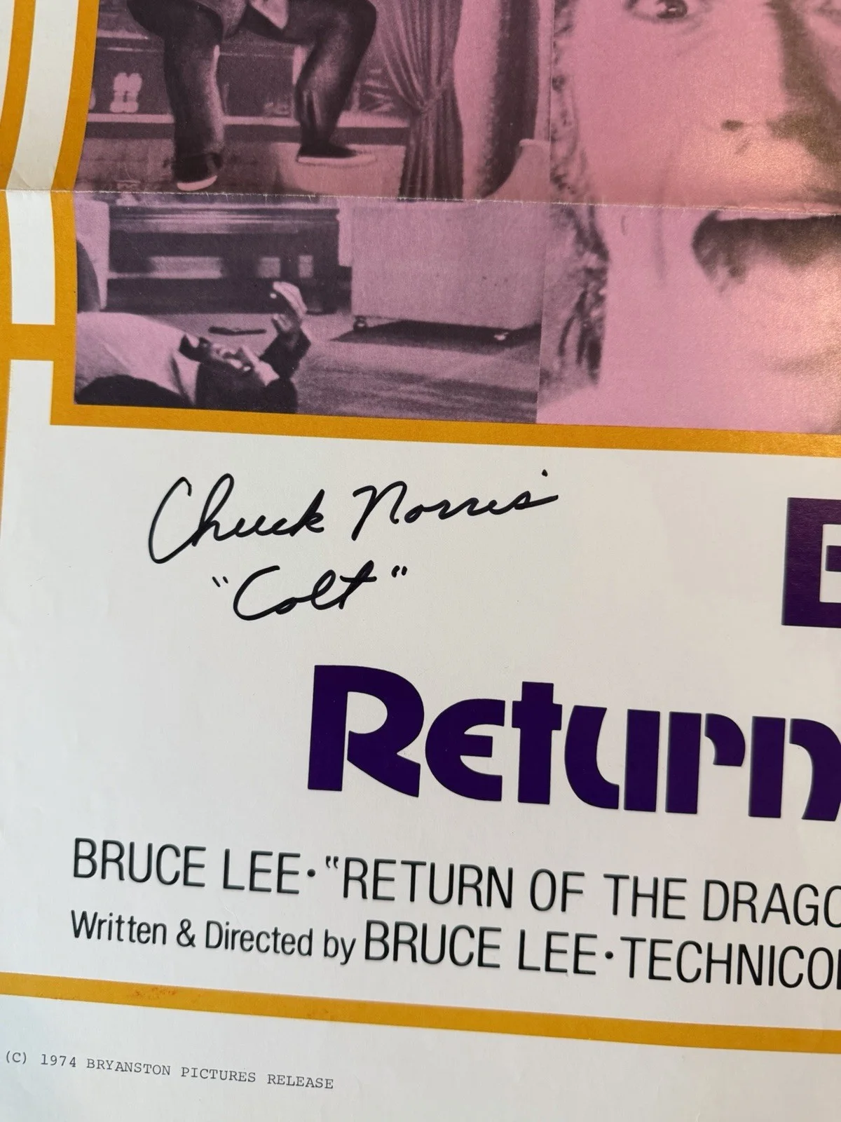 RARE Original Bruce Lee Return Of The Dragon Poster Signed By Chuck Norris, image 2