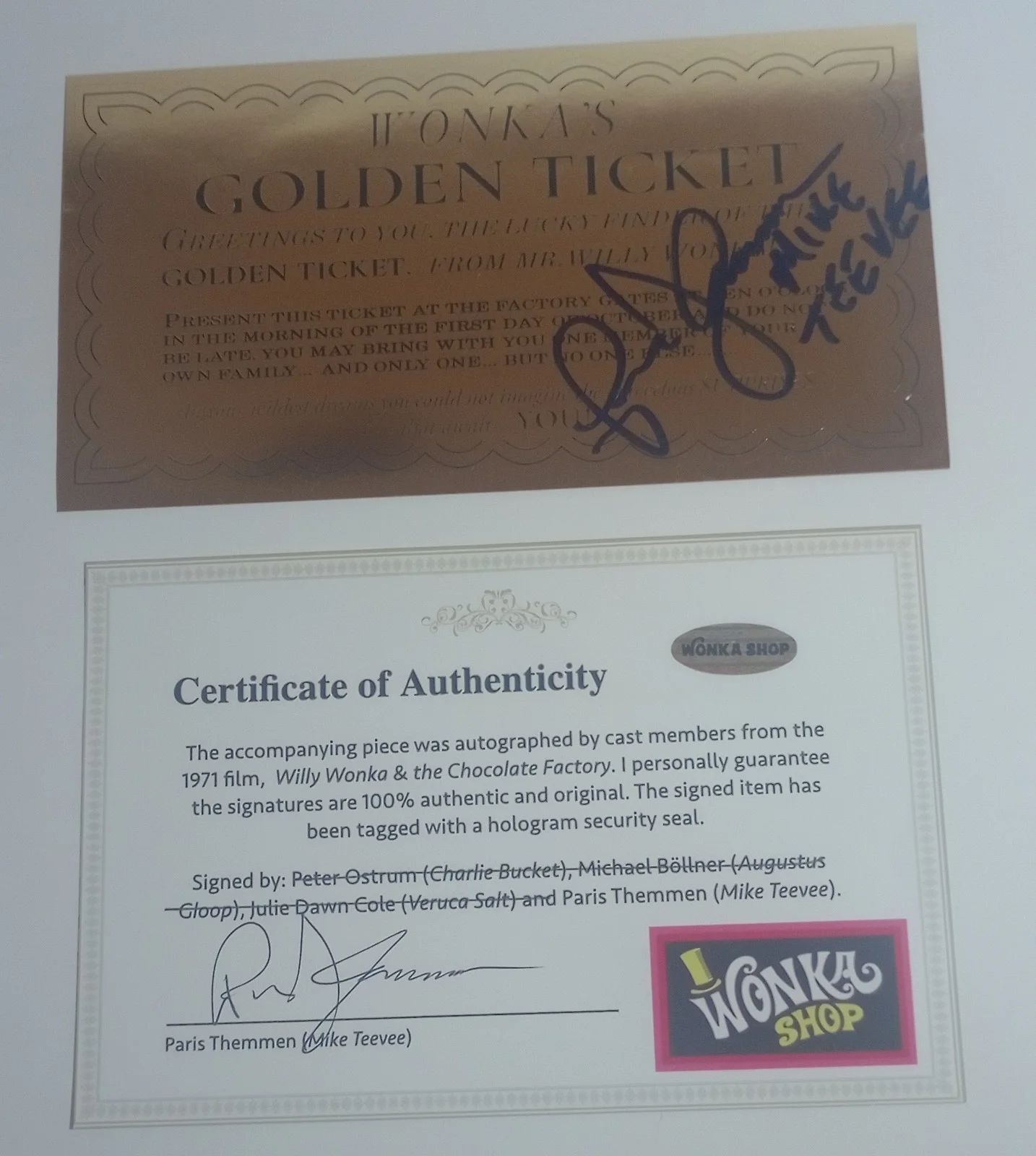 Paris Themmen Signed Golden Ticket With Wonka Shop COA, изображение 2