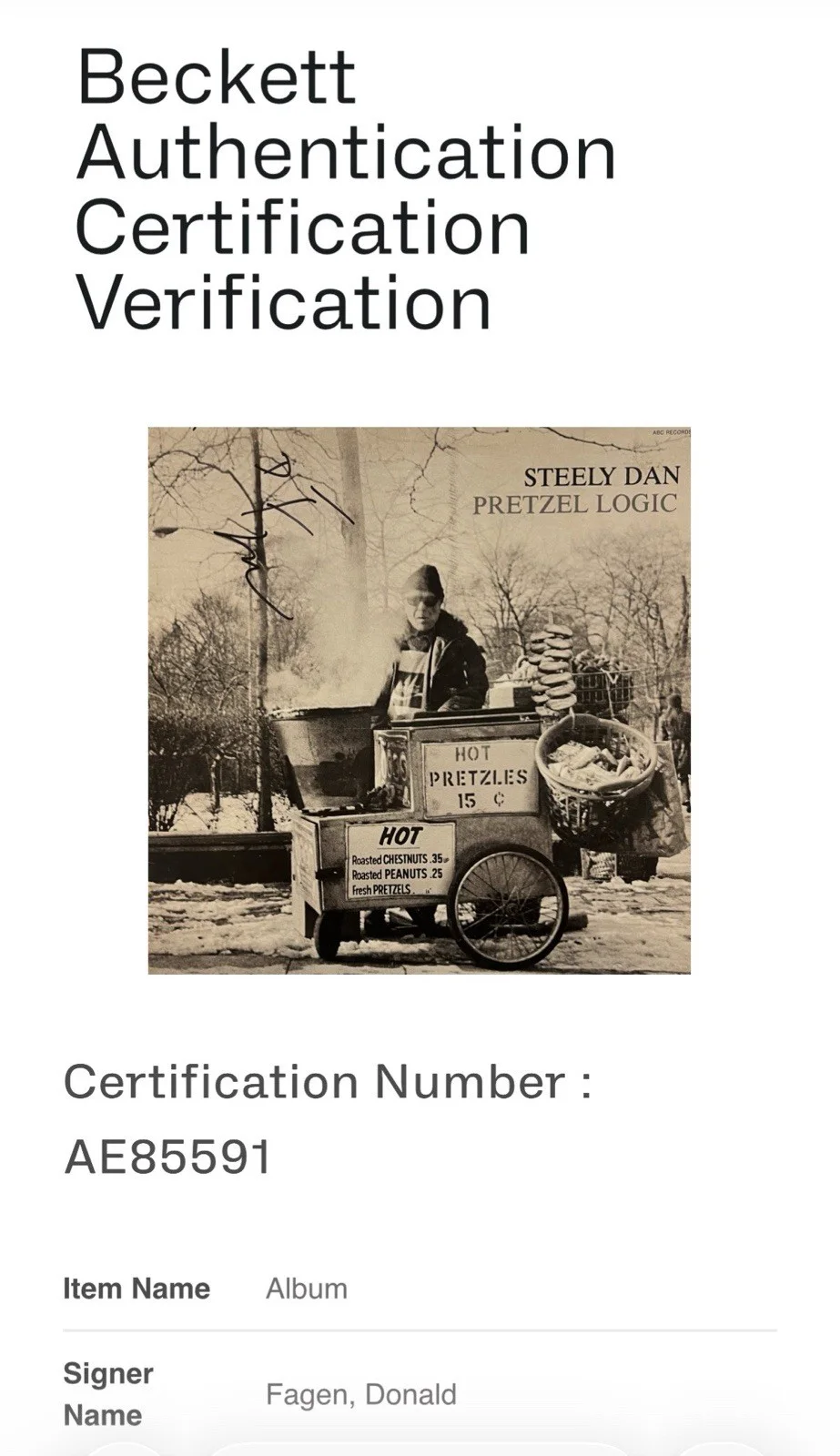 Donald Fagan signed Steely Dan Album Pretzel Logic vinyl lp beckett loa, изображение 5