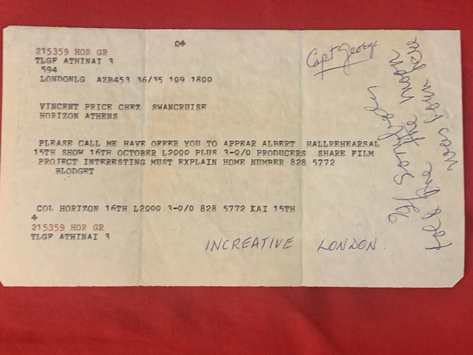 Vincent Price — Vincent Price Estate Onboard Cruise ship Telegram From London To Athens! 18n