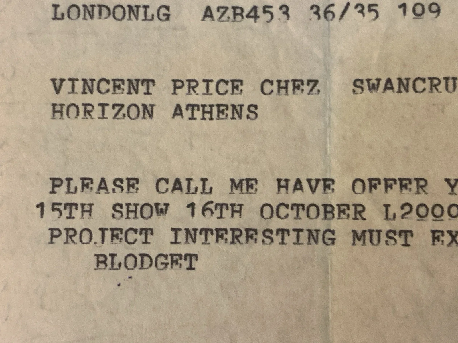 Vincent Price — Vincent Price Estate Onboard Cruise ship Telegram From London To Athens! 18n, изображение 2