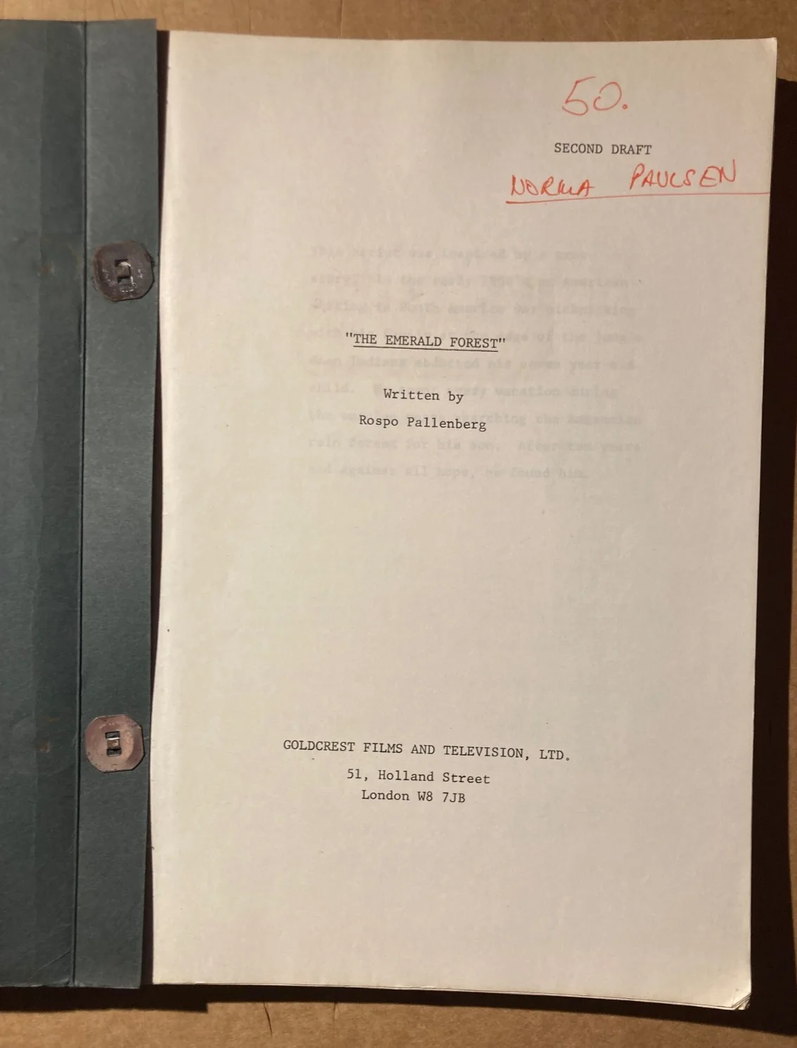 THE EMERALD FOREST Original 2nd Draft Script 114 Pages JOHN BOORMAN Director CAv, image 2