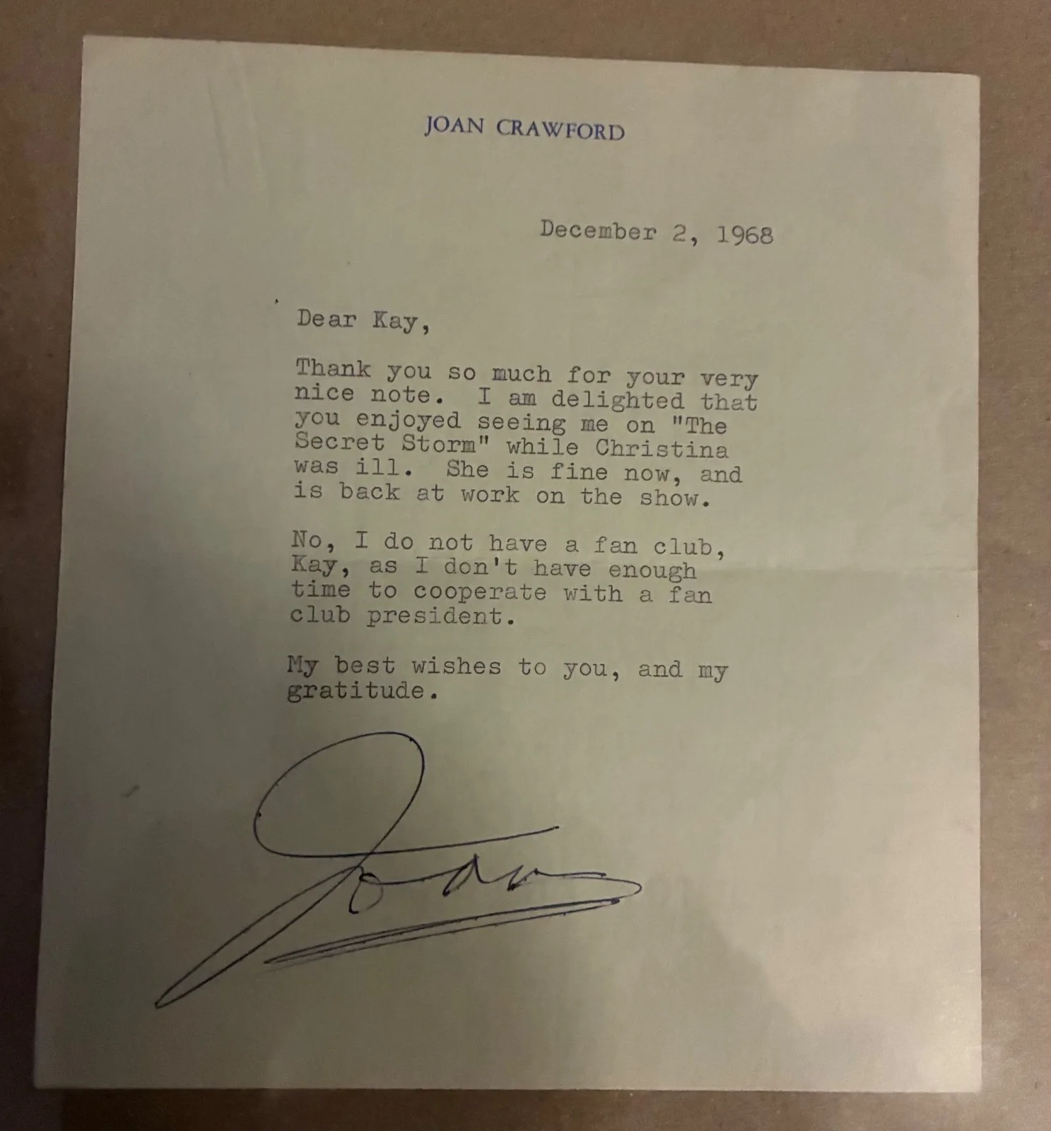 Joan Crawford — JOAN CRAWFORD Signed Letter 1968 - Christina Crawford "The Secret Storm" Content