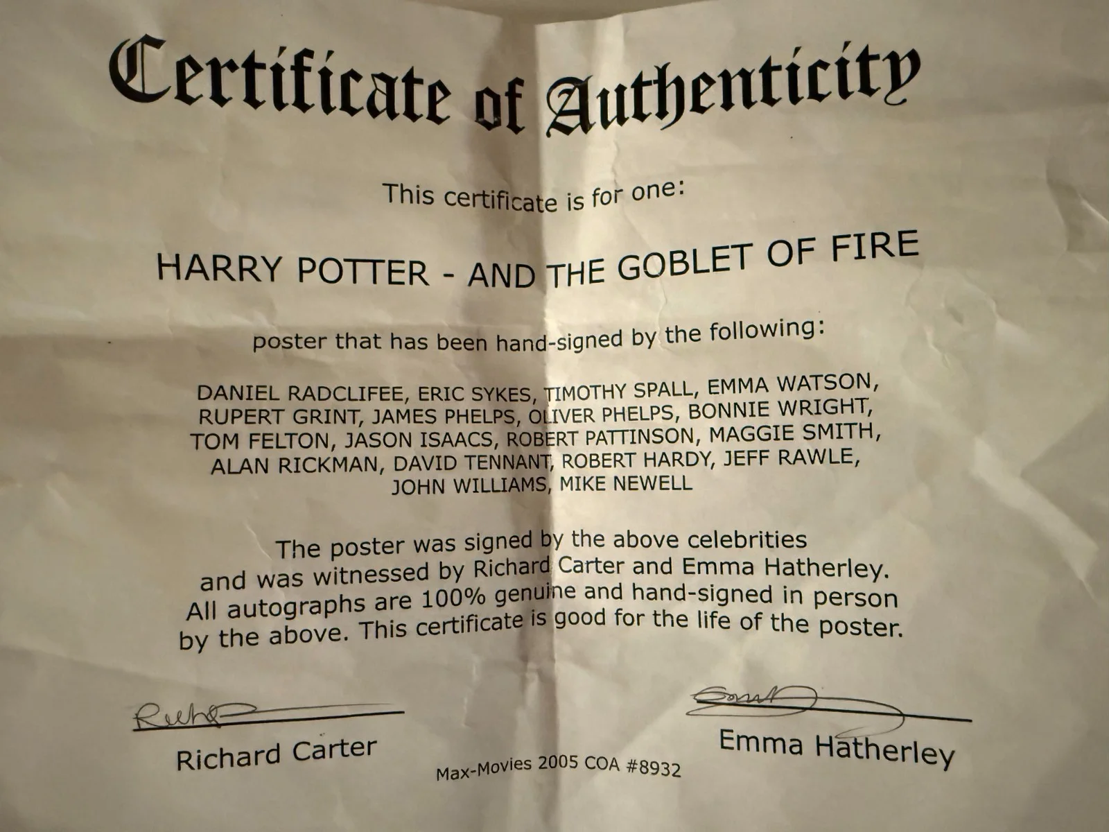 Daniel Radcliffe, Emma Watson, Dame Maggie Smith, etc — Harry Potter The Goblet of Fire Signed Movie Poster Entire Cast w/ Authenticity, image 2