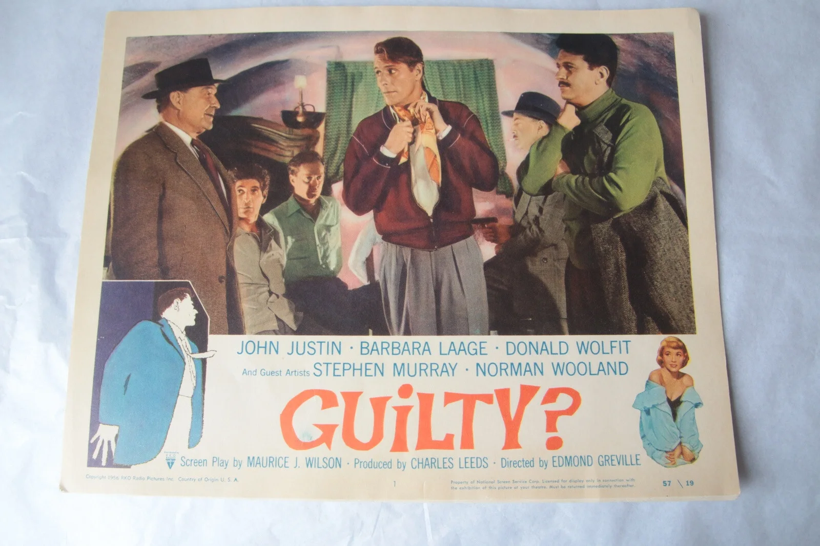 Set of 7 Vintage Guilty Lobby Cards - John Justin / Edmond Greville 1956 57 / 19, изображение 2