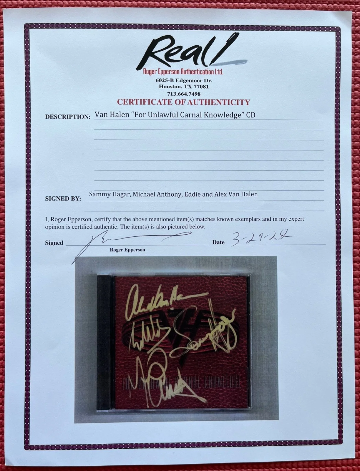 REAL signed VAN HALEN by 4 autographed "FOR UNLAWFUL CARNAL KNOWLEDGE" insert CD, image 3