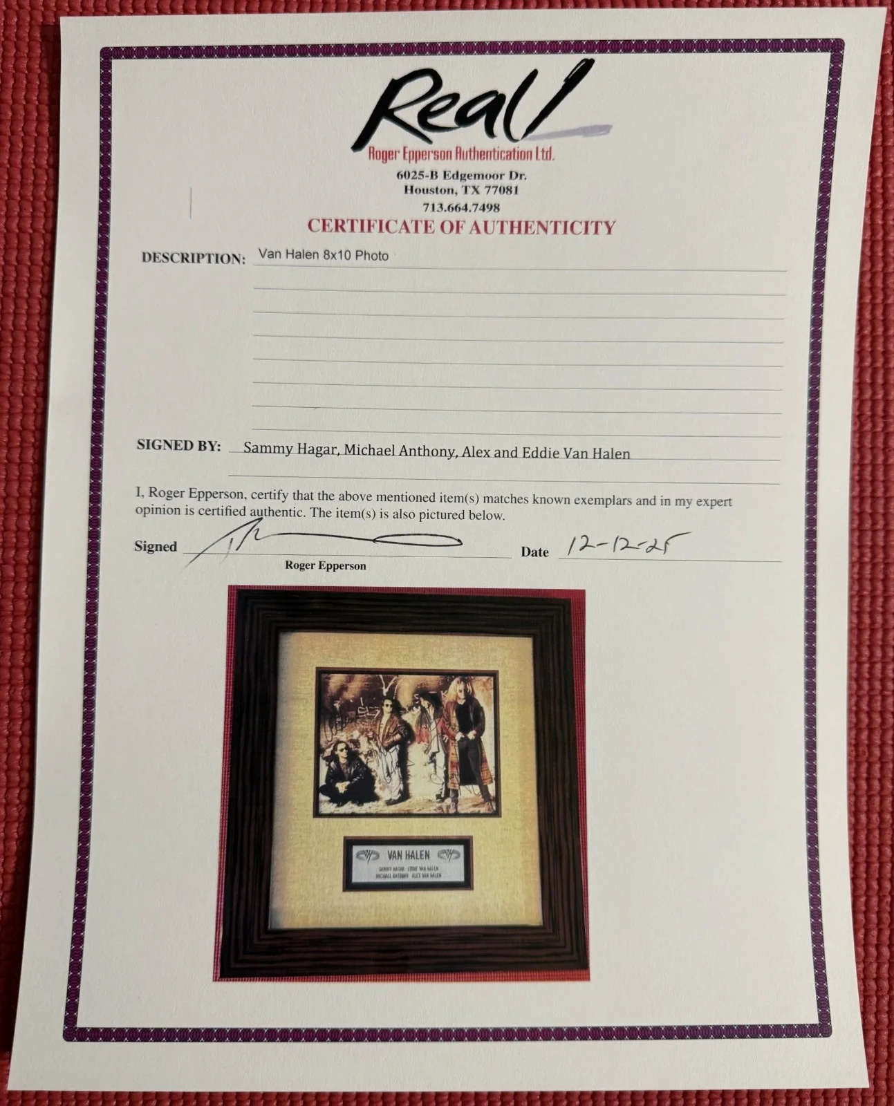 REAL signed VAN HALEN x 4 autographed FRAMED 8"x 10" Photo EPPERSON, image 4