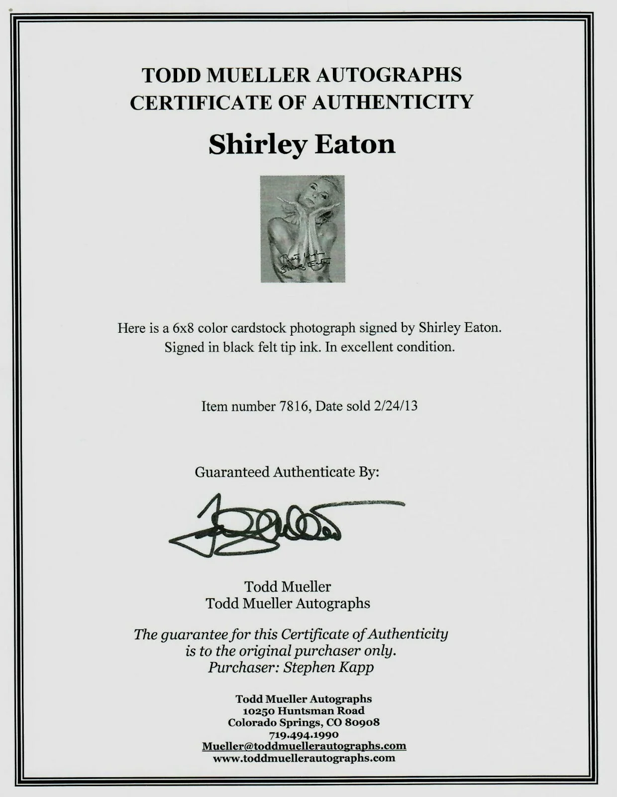 RARE IMAGE! “Goldfinger" Shirley Eaton Hand Signed 6X8 Cardstock Photo COA, изображение 3