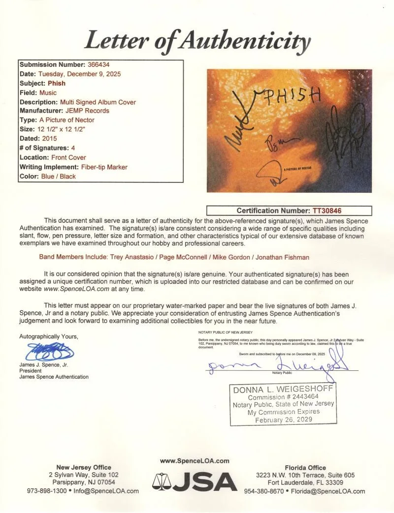 Trey Anastasio, Jon Fishman, Mike Gordon, Page McConnell — Phish Full Band Signed Autograph Nectar Album Record - Jon Fishman +3 w/ JSA COA, image 4