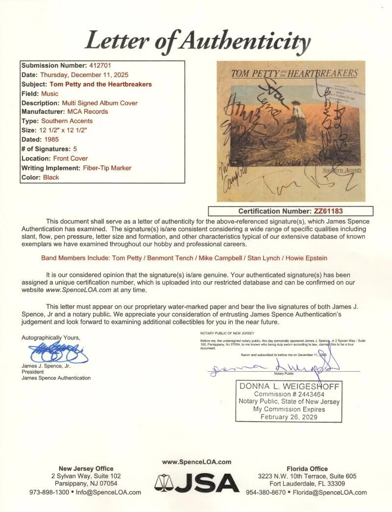 Mike Campbell, Howie Epstein, Stan Lynch, Tom Petty, Benmont Tenc — Tom Petty & the Heartbreakers Signed Autograph Southern Accents Album Record JSA, изображение 4