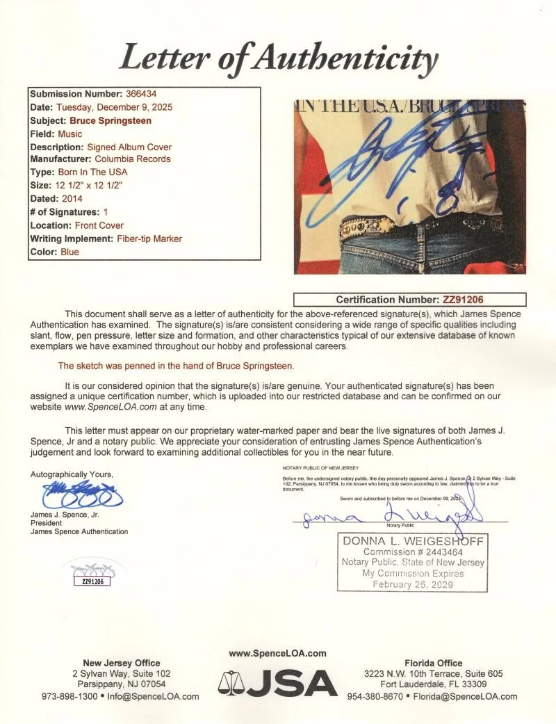 Bruce Springsteen — Bruce Springsteen Signed Autograph Born in the USA Album w/ Guitar Sketch JSA, изображение 4