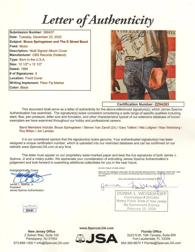 Roy Bittan, Jon Landau, Nils Lofgren, Bruce Springsteen, Garry Ta — Bruce Springsteen and the E Street Band Signed Autograph Album Record w/ JSA COA, image 3