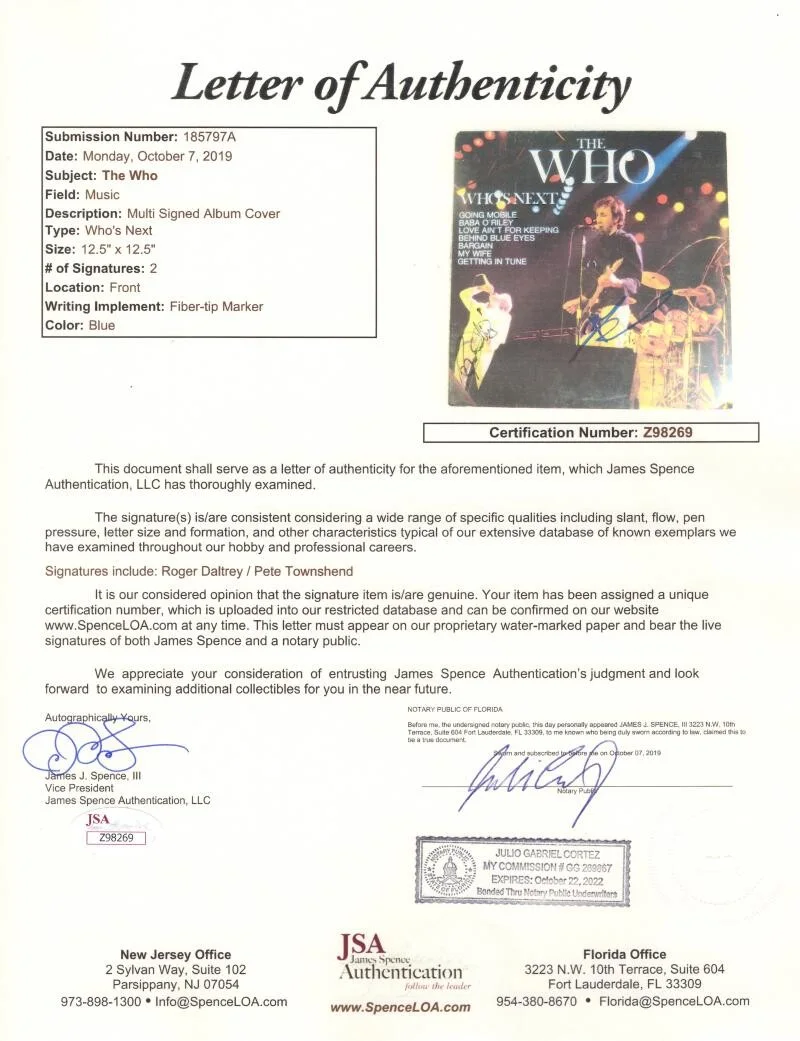 Roger Daltrey, Pete Townshend — Roger Daltrey & Pete Townshend Signed Autograph The Who 's Next Album Record JSA, изображение 3