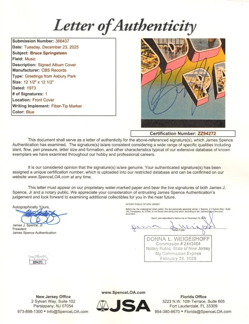 Bruce Springsteen — Bruce Springsteen Signed Autograph Album Vinyl Record LP - Asbury Park JSA COA, изображение 3