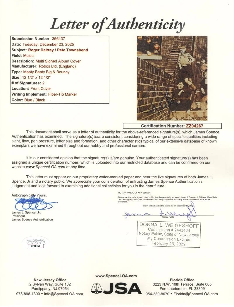 Roger Daltrey, Pete Townshend — Roger Daltrey & Pete Townshend Signed Autograph Meaty Beaty Album Record JSA COA, изображение 3