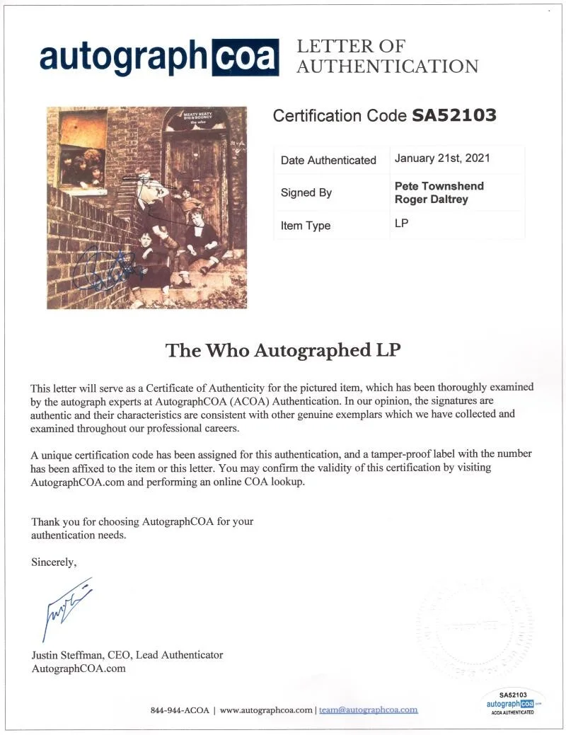 Roger Daltrey, Pete Townshend — Roger Daltrey & Pete Townshend Signed Autograph Meaty Beaty Album Record JSA COA, изображение 4
