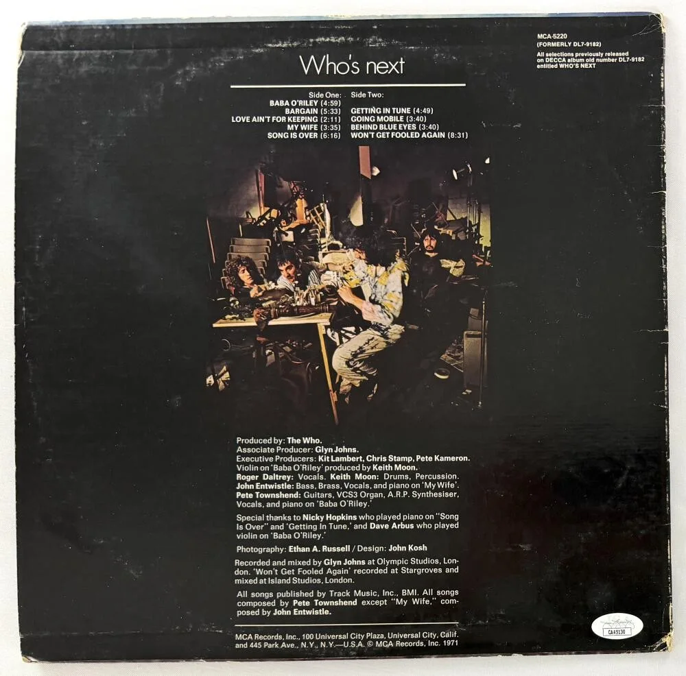 Roger Daltrey, John Entwistle, Pete Townshend — Autógrafo firmado por The Who Band Who's Next Album - Entwistle Daltrey Townshend JSA, изображение 2
