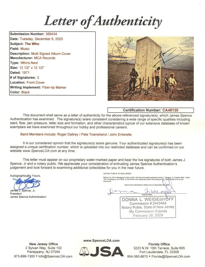 Roger Daltrey, John Entwistle, Pete Townshend — Autógrafo firmado por The Who Band Who's Next Album - Entwistle Daltrey Townshend JSA, изображение 4