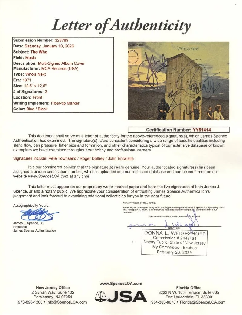 Roger Daltrey, John Entwistle, Pete Townshend — The Who Band Signed Autograph Album Record - Entwistle Daltrey Townshend JSA COA, image 4