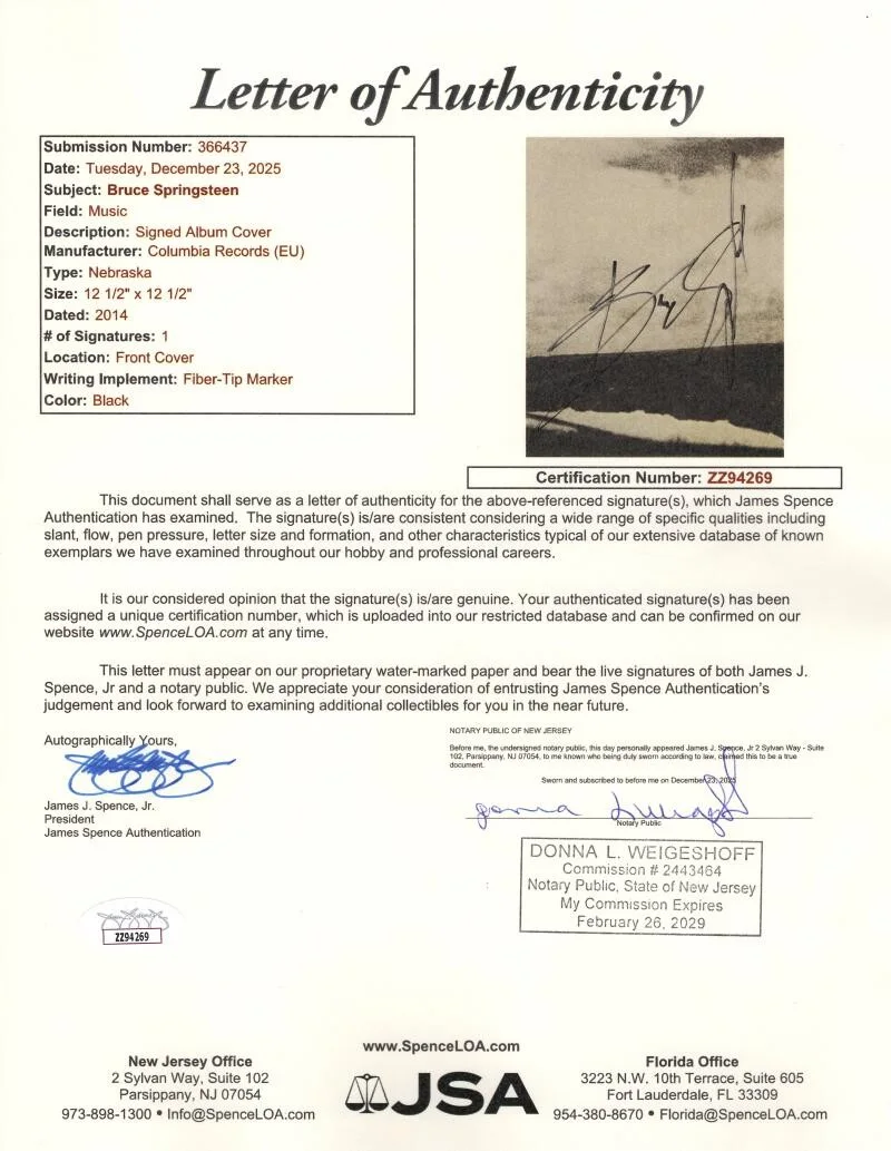 Bruce Springsteen — Bruce Springsteen Signed Autograph Album Vinyl Record LP - Nebraska w/ JSA COA, изображение 3
