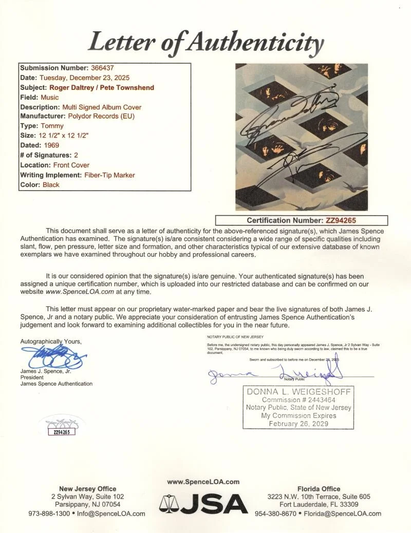 Roger Daltrey, Pete Townshend — Roger Daltrey & Pete Townshend Signed Autograph The Who Tommy Album Record JSA, image 3