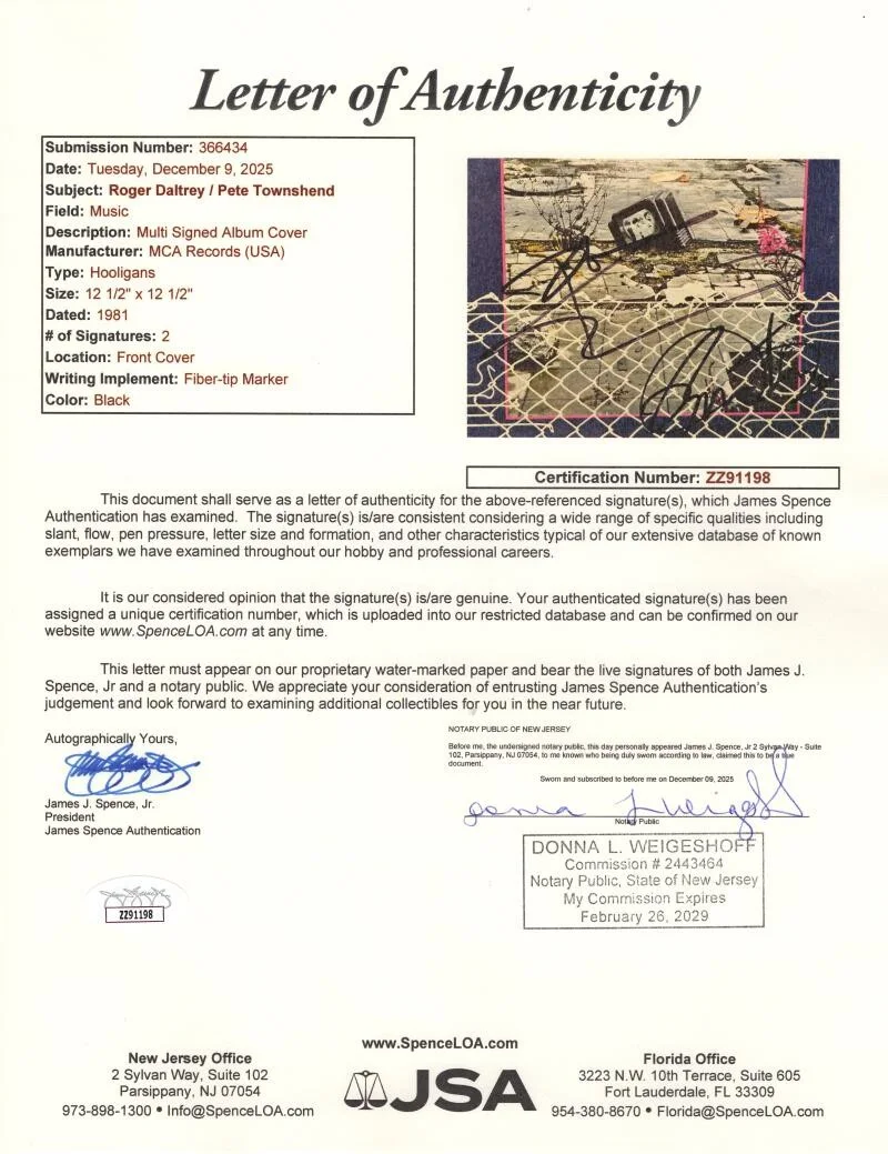Roger Daltrey, Pete Townshend — Roger Daltrey & Pete Townshend Signed Autograph Who Hooligans Record w/ JSA COA, image 3