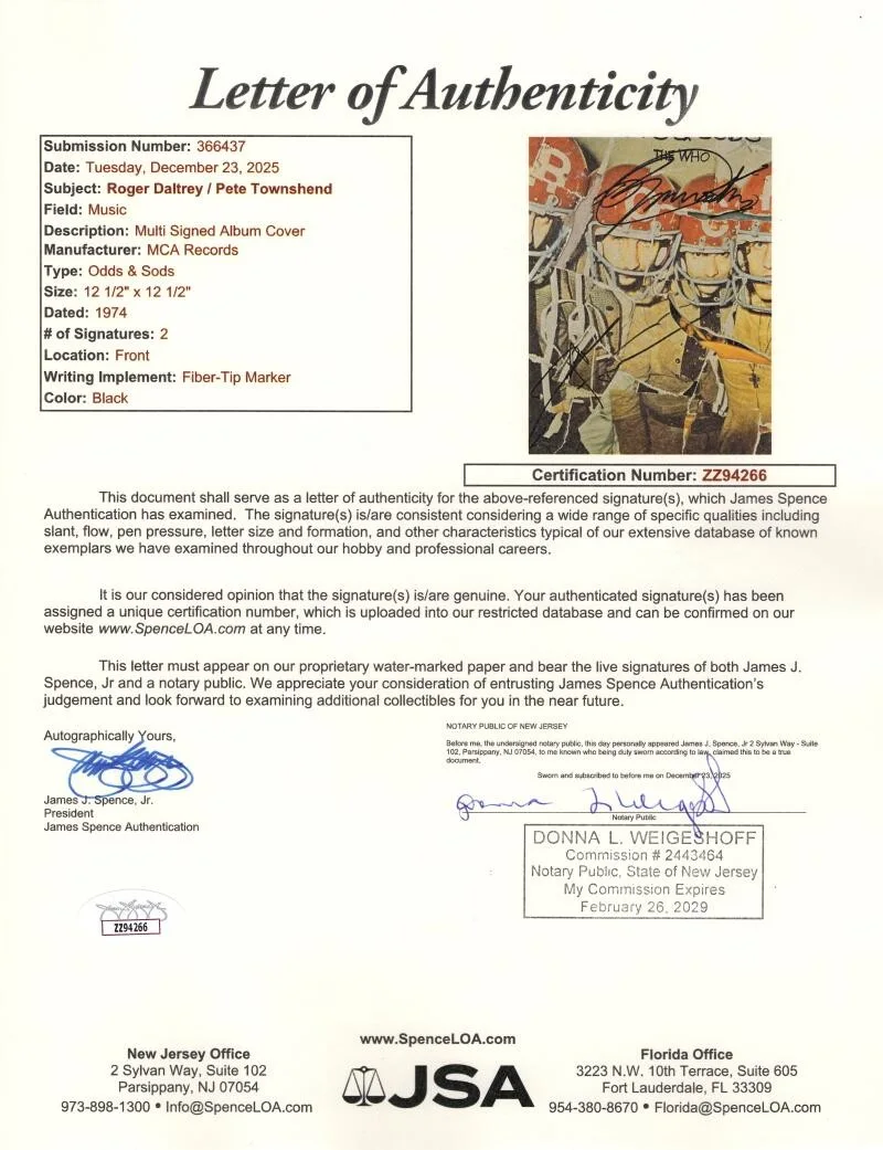 Roger Daltrey, Pete Townshend — Roger Daltrey Pete Townshend Signed Autograph The Who Odds & Sods Record JSA COA, изображение 3