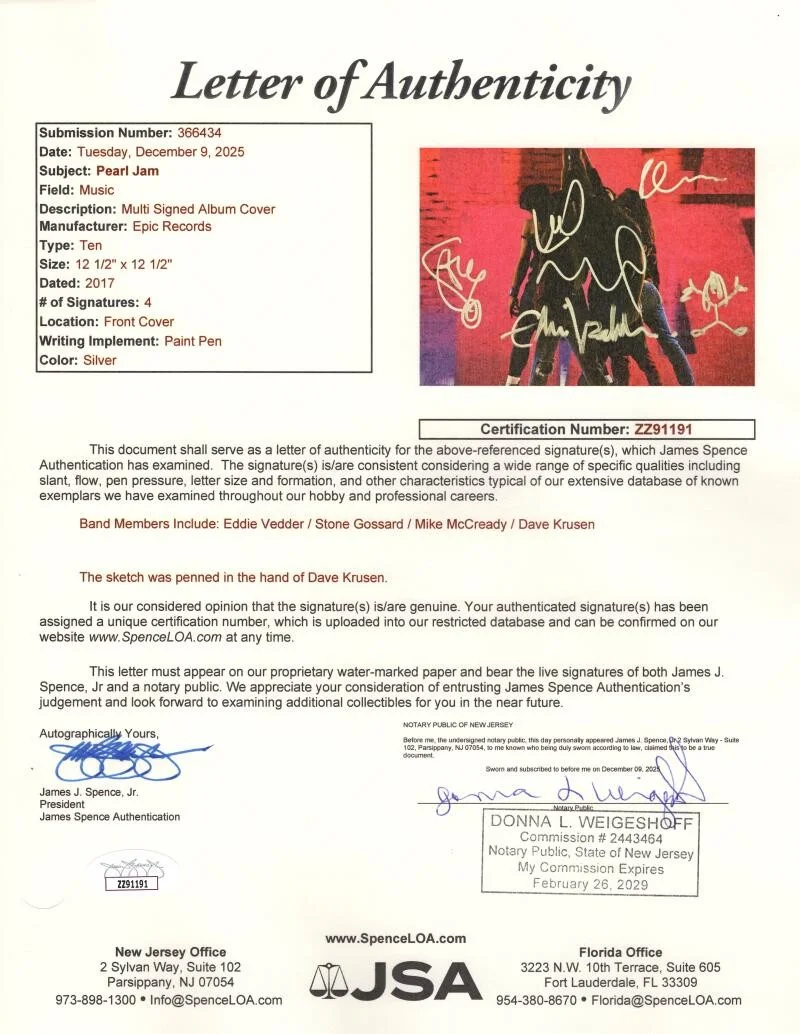 Stone Gossard, Dave Krusen, Mike McCready, Eddie Vedder — Pearl Jam Band Signed Autograph Ten Album - Eddie Vedder Dave Krusen Sketch JSA, изображение 3