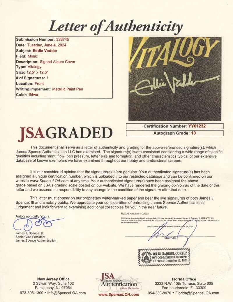 Eddie Vedder — Eddie Vedder Signed Autograph Pearl Jam Album Record GEM MINT 10 Signature! JSA, image 3