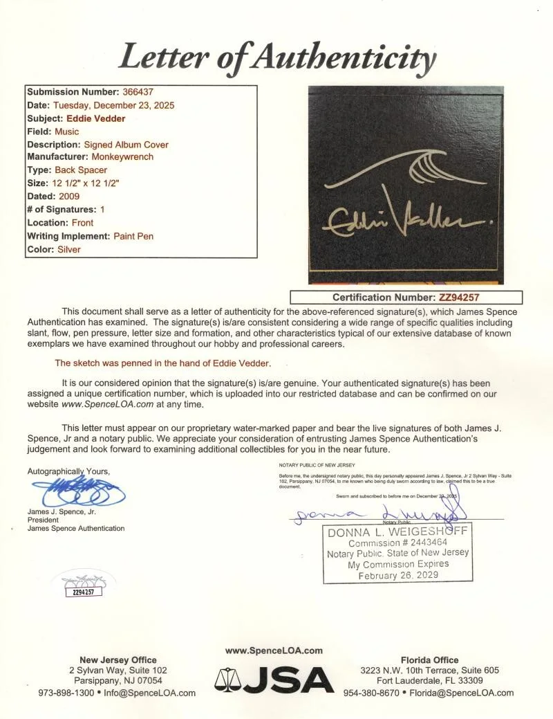 Eddie Vedder — Eddie Vedder Signed Autograph Pearl Jam Album Record w/ Original Art Wave Sketch, image 3