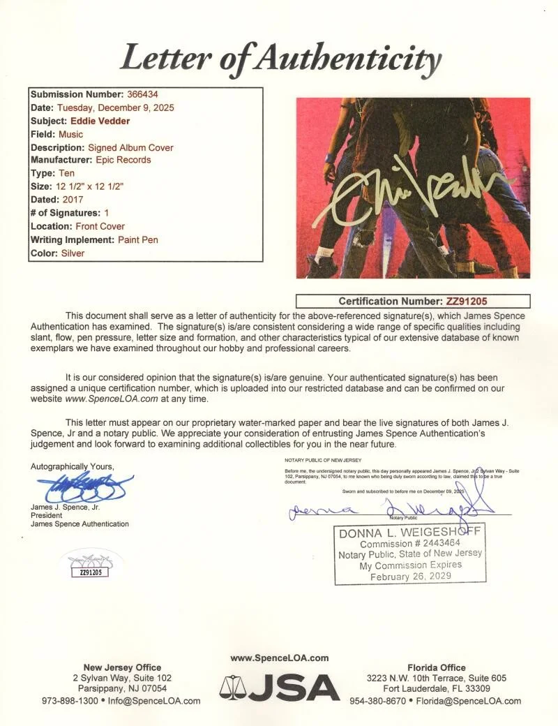 Eddie Vedder — Eddie Vedder Pearl Jam Signed Autograph Ten Album Vinyl Record LP w/ JSA COA, image 3