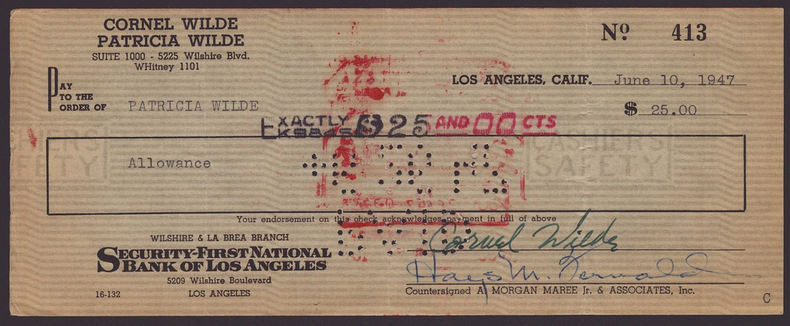 Cornel Wilde, Patricia Wilde — CORNEL WILDE - AUTOGRAPHED SIGNED CHECK 06/10/1947 CO-SIGNED BY: PATRICIA WILDE