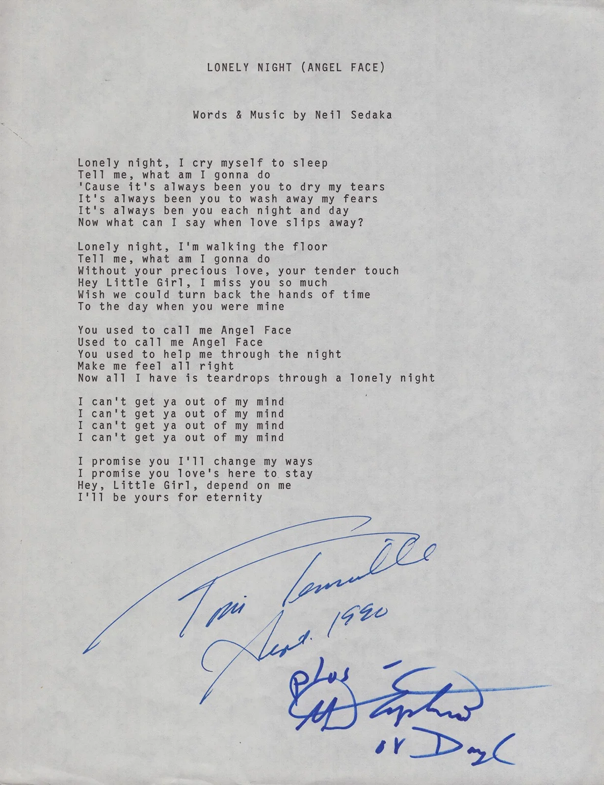 Captain & Tennille, Toni Tennille, Daryl Dragon — & TENNILLE - TYPED LYRIC(S) SIGNED 09/1990 WITH CO-SIGNERS
