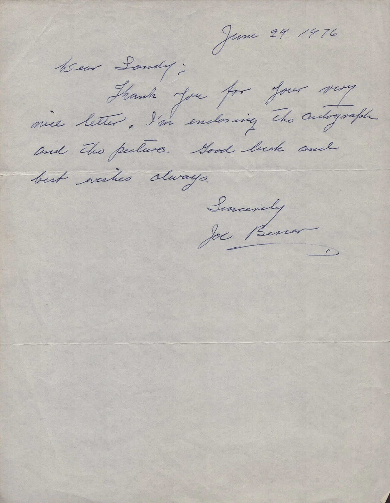 Joe Besser — THREE STOOGES (JOE BESSER) - AUTOGRAPH LETTER SIGNED 06/24/1976