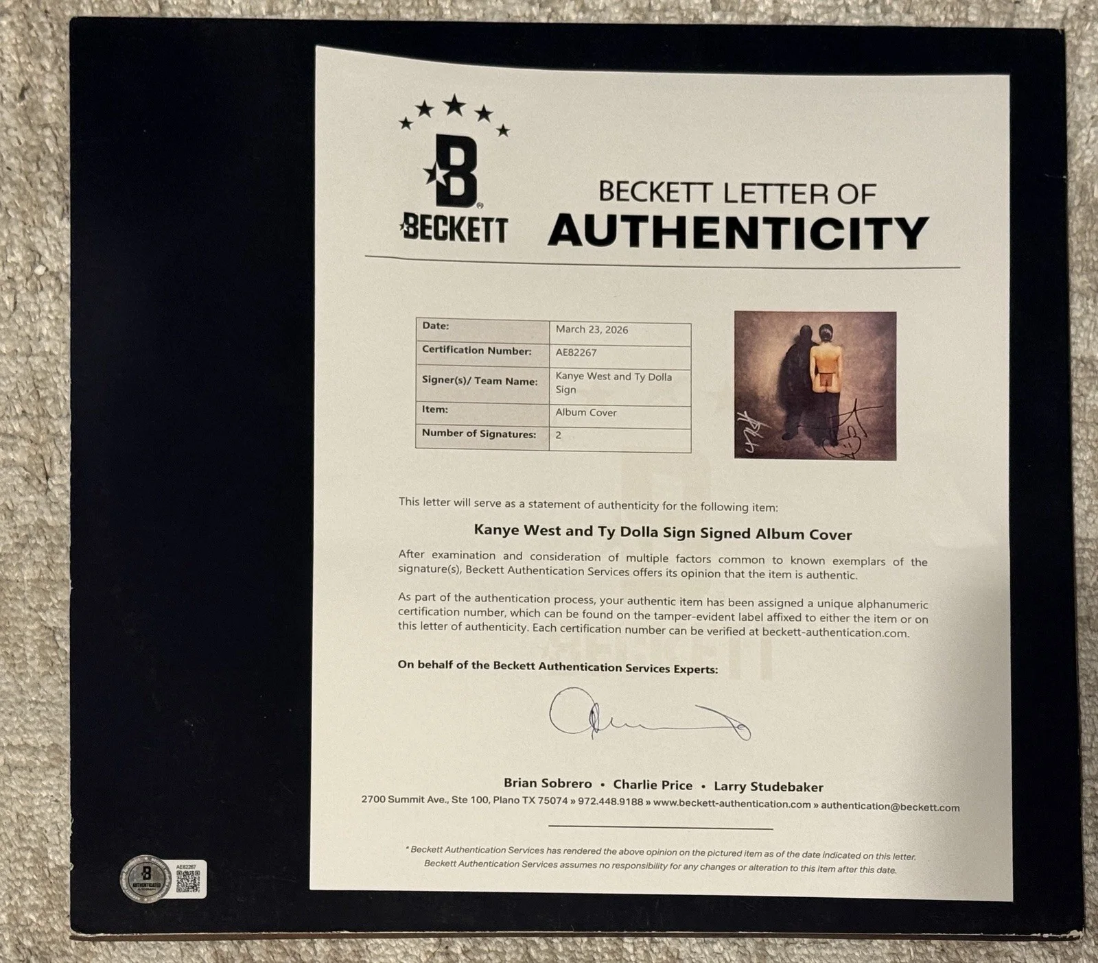 KANYE WEST AND TY DOLLA SIGN SIGNED VULTURES VINYL LP - BECKETT LOA COA, image 2