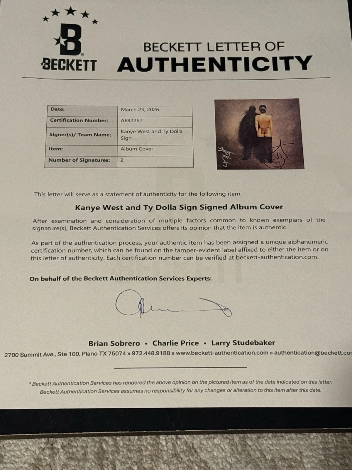 KANYE WEST AND TY DOLLA SIGN SIGNED VULTURES VINYL LP - BECKETT LOA COA, image 3