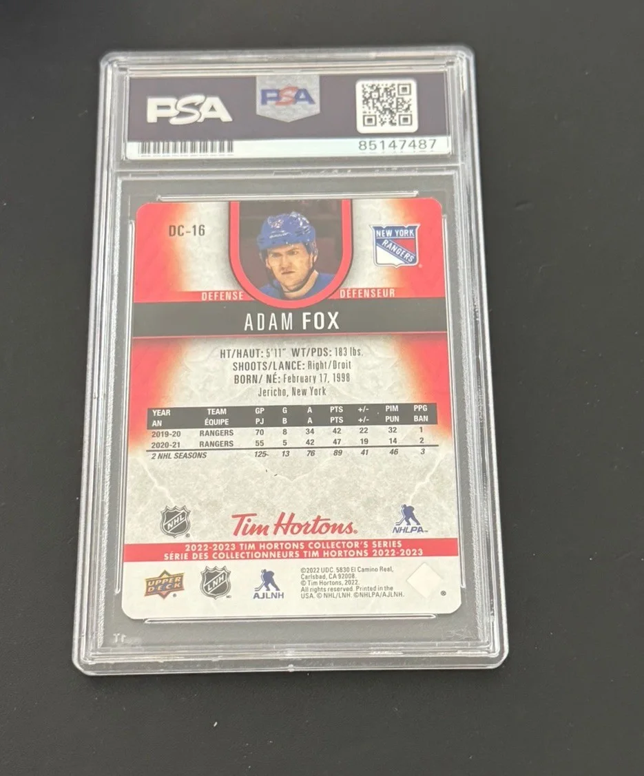 Adam Fox — ADAM FOX SIGNED 2022-23 UPPER DECK TIM HORTONS RED DIE CUT AUTO 10 PSA/DNA 2, image 2