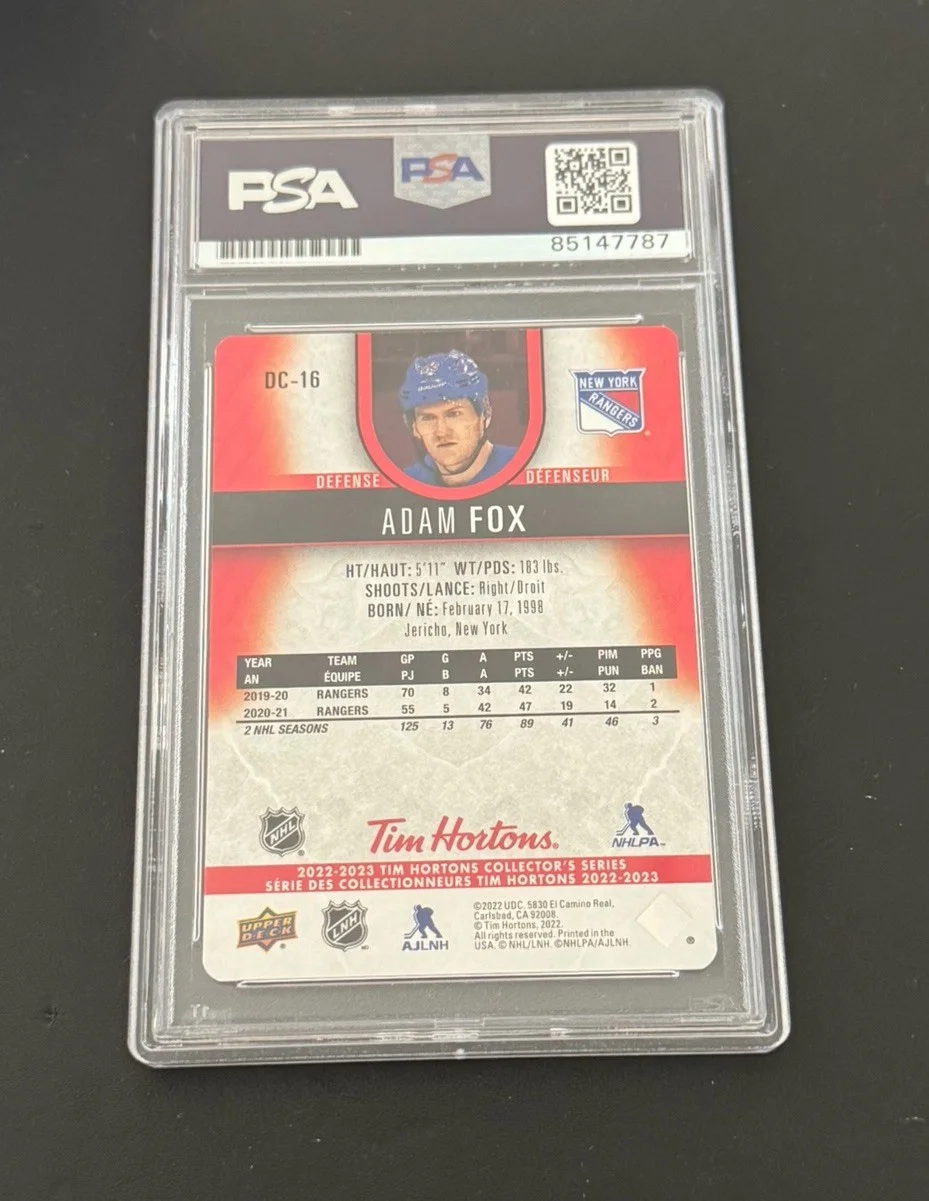 Adam Fox — ADAM FOX SIGNED 2022-23 UPPER DECK TIM HORTONS RED DIE CUT AUTO 10 PSA/DNA, image 2