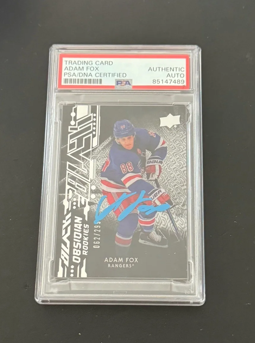 Adam Fox — ADAM FOX SIGNED 2019-20 UD BLACK OBSIDIAN RC CARD GEM MINT 10 PSA/DNA