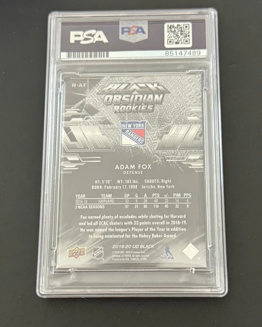 Adam Fox — ADAM FOX SIGNED 2019-20 UD BLACK OBSIDIAN RC CARD GEM MINT 10 PSA/DNA, image 2