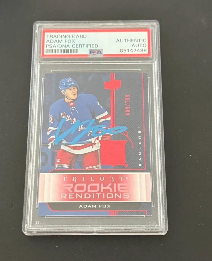 Adam Fox — ADAM FOX SIGNED 2019-20 UD TRILOGY ROOKIE RENDITIONS RED GEM MINT 10 PSA/DNA