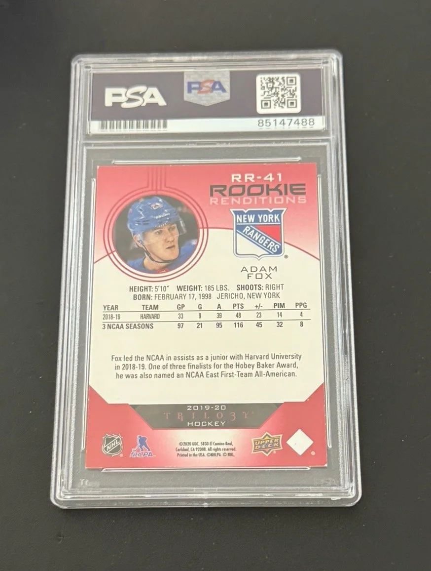 Adam Fox — ADAM FOX SIGNED 2019-20 UD TRILOGY ROOKIE RENDITIONS RED GEM MINT 10 PSA/DNA, изображение 2