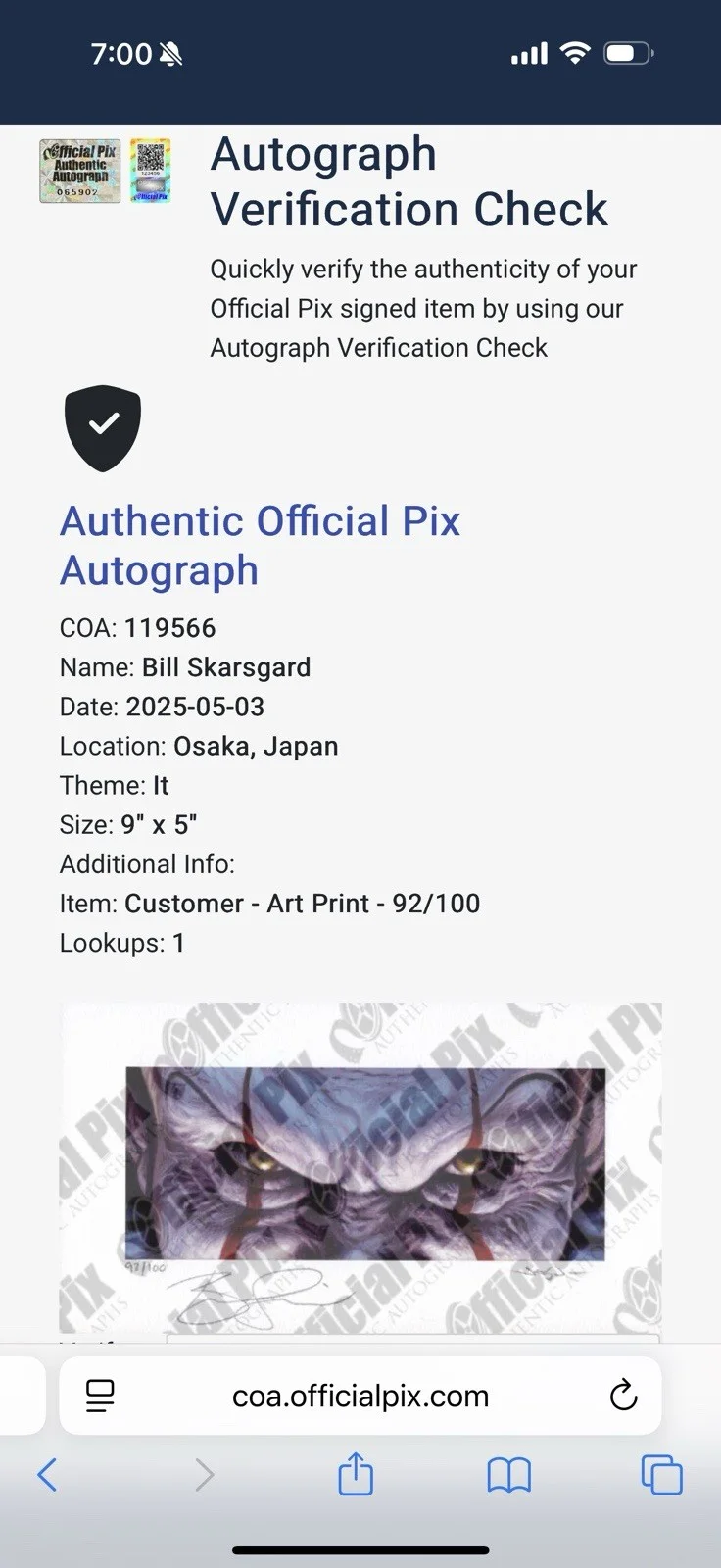 Tim Curry, Bill Skarsgard — Tim Curry Signed IT Print Bill Skarsgard Signed Pennywise Print Edmiston EWAF 5, image 3