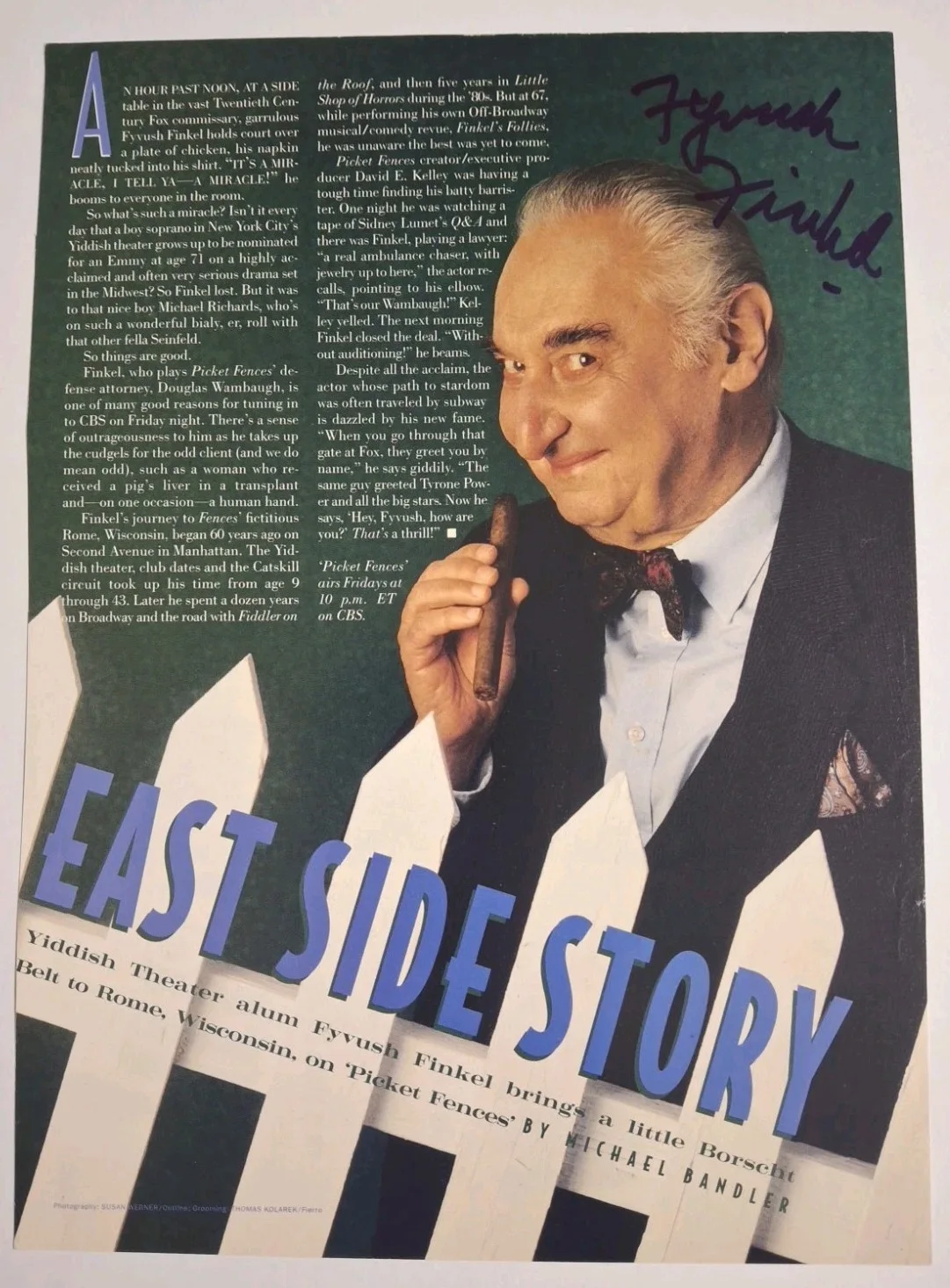 Fyvush Finkel — FYVUSH FINKEL - " Picket Fences " T.V. SERIES - SIGNED MAGAZINE RIP OUT PAGE!