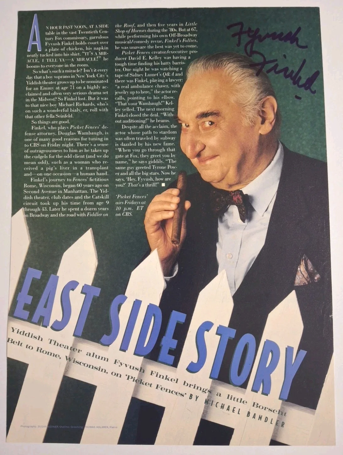 Fyvush Finkel — FYVUSH FINKEL - " Picket Fences " T.V. SERIES - SIGNED MAGAZINE RIP OUT PAGE!, изображение 5