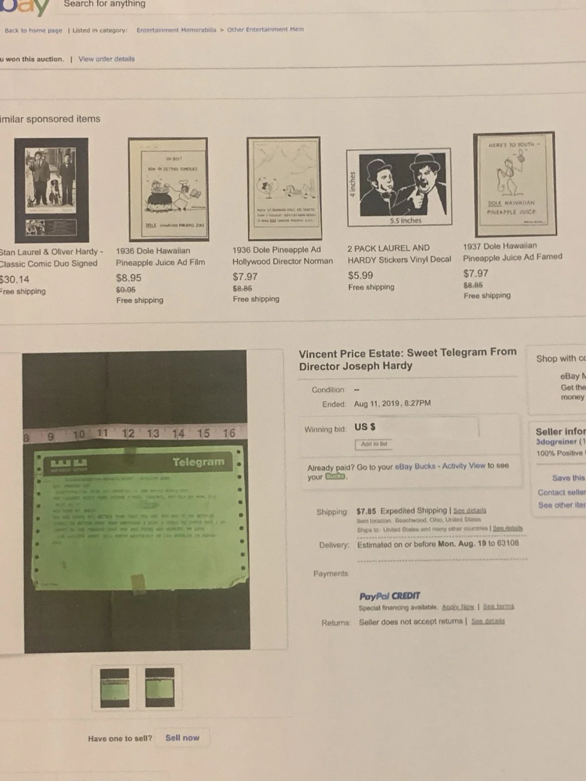 Vincent Price Estate Sweet Telegram To Vincent From Director Joe Hardy! 17t, изображение 4