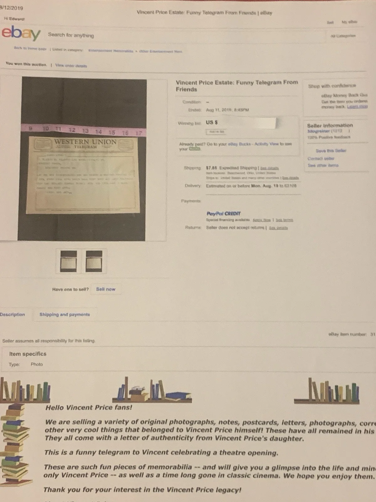 Vincent Price Estate 1967 Funny Telegram To V.P. in "Darling of the Day!" 17s, изображение 3