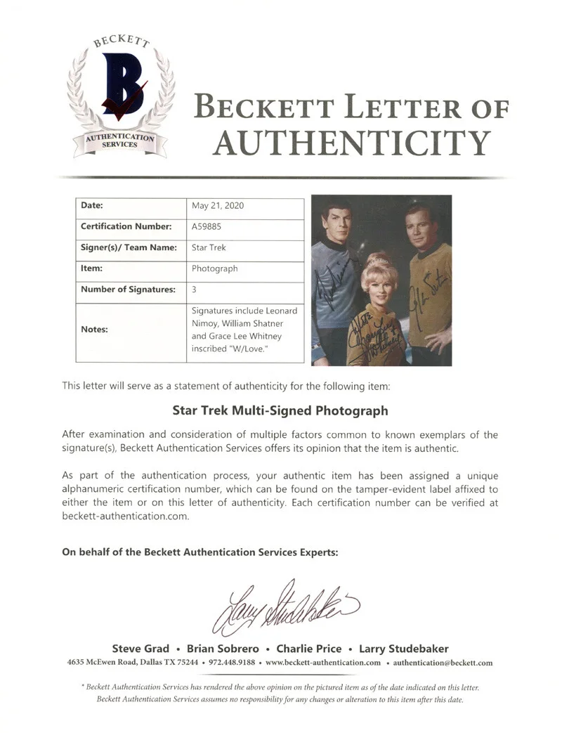 LEONARD NIMOY WHITNEY SHATNER GROUP SIGNED 8x10 PHOTO STAR TREK TOS BECKETT BAS, изображение 2