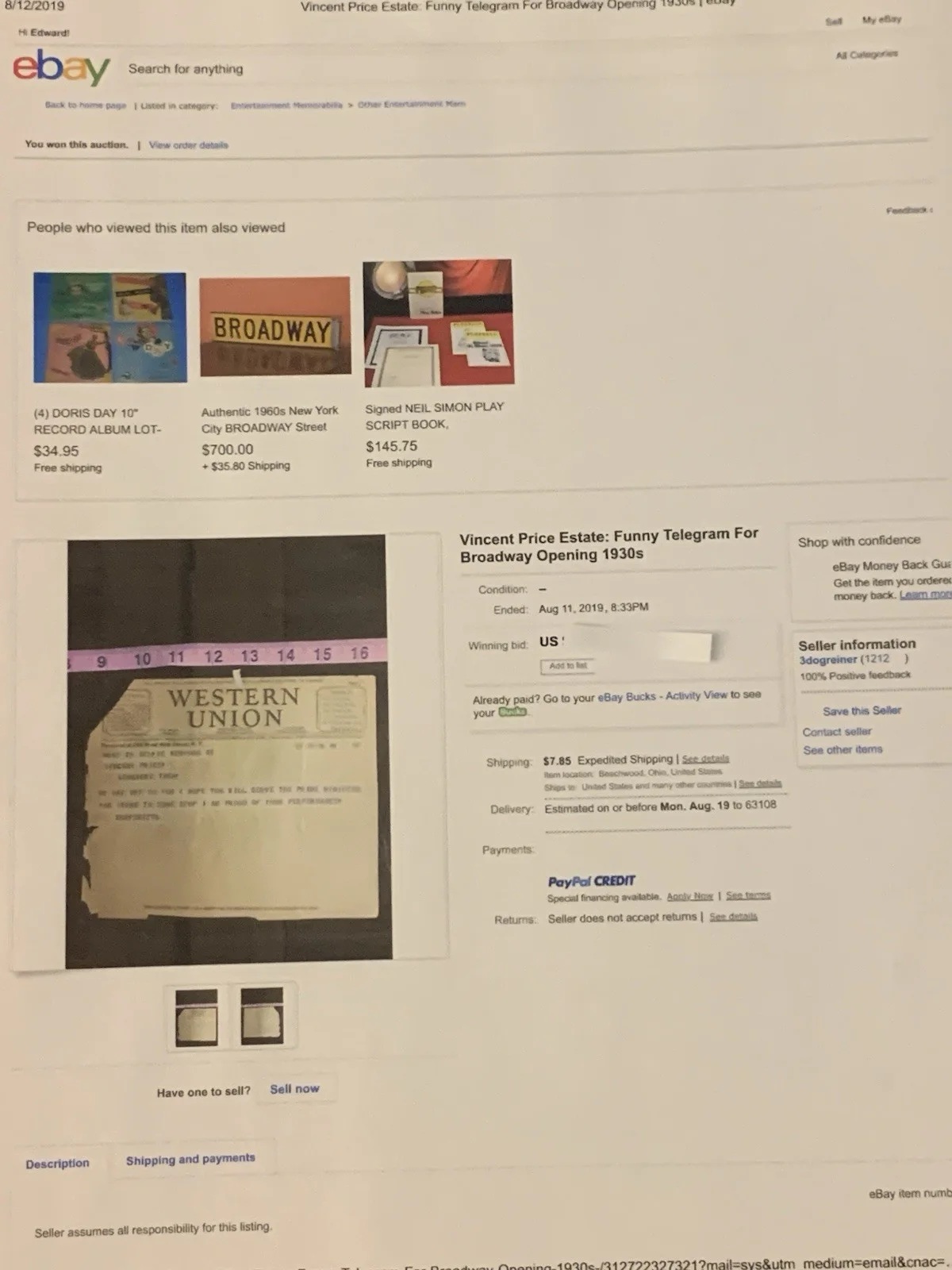 Vincent Price Estate 1937 Telegram To VP About Broadway Opening! 17q, image 3