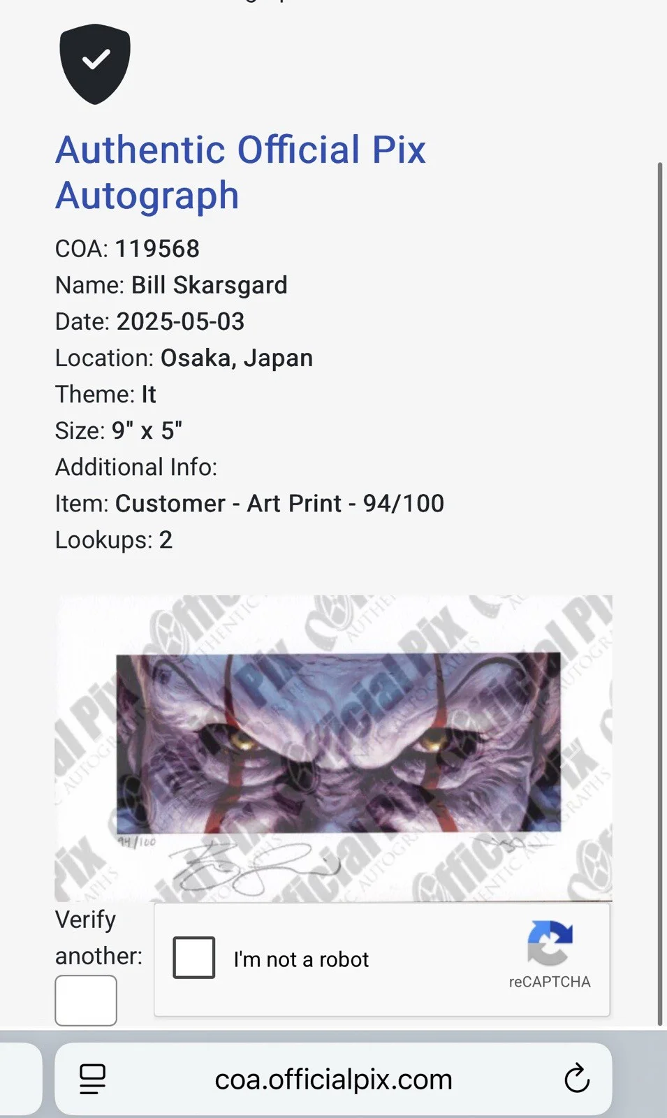 Tim Curry, Bill Skarsgard — Tim Curry Signed IT Print Bill Skarsgard Signed Pennywise Print Edmiston EWAF 3, image 3